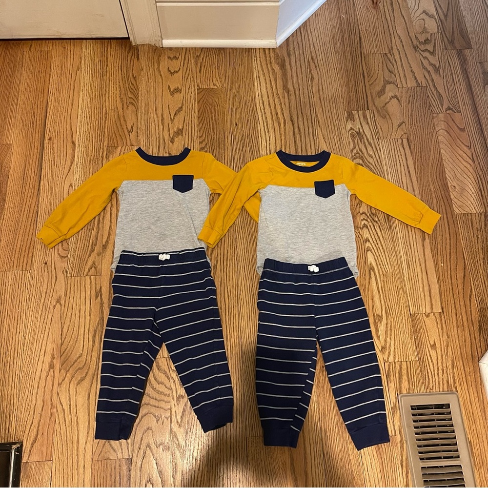 Twins set of 2 Carters yellow gray & blue pocket onesies & stiped pants set - Picture 1 of 4